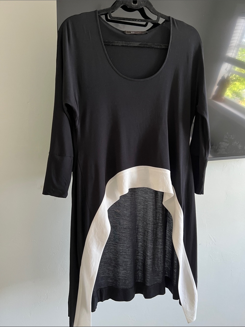 BCBG Black Tunic Top with White Draped Hem in front and long in the back